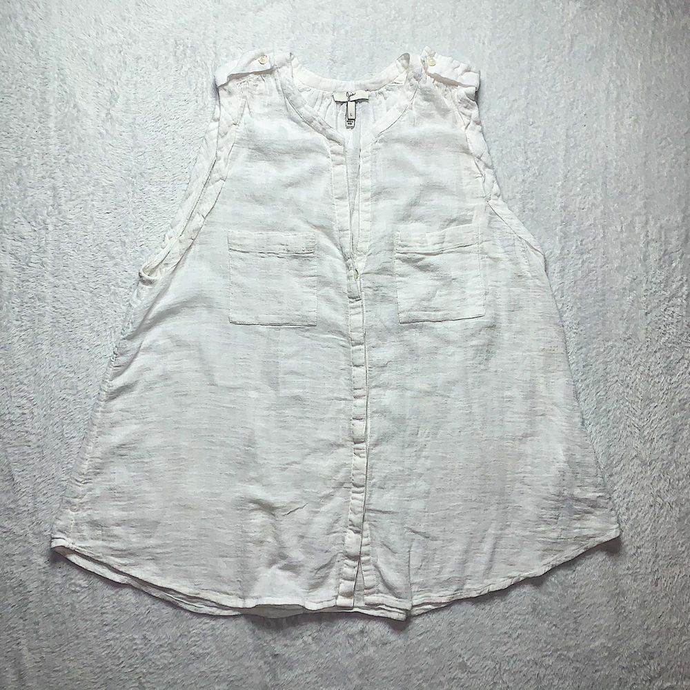 Joie Button Down Tank Top Two Front Pocket Semi Sheer Split Neck White Size L